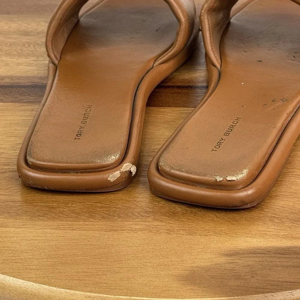Womens Tory Burch Double T Tan Leather Slip On Flat Sport‎ Slides Sandals Size 8